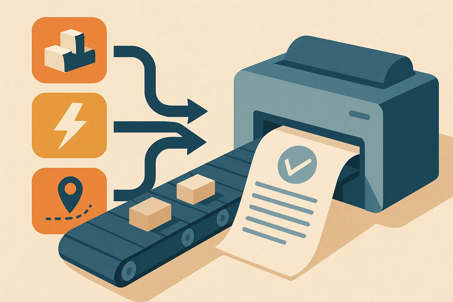 Conveyor belt feeding raw material data, energy use, and transport distances into a printer that outputs a finished EPD, symbolizing data flow over design.