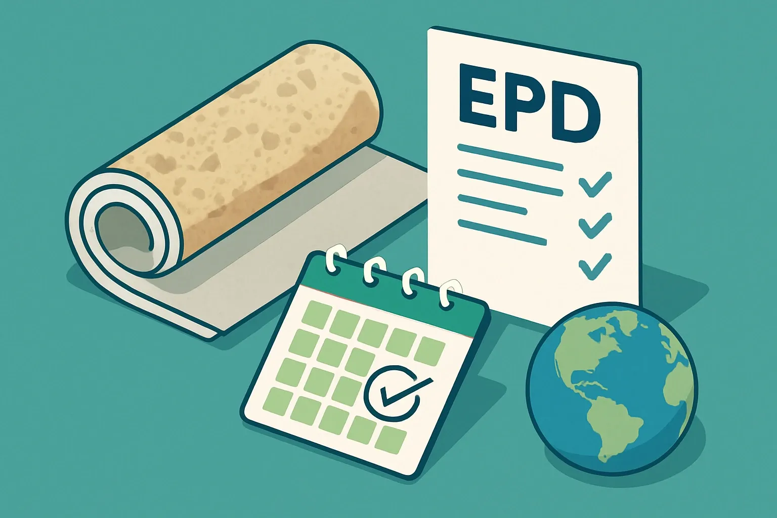 Generate an illustration for an article following this concept:

Is there an industry‑wide EPD for cushion vinyl?
Short answer: yes, if by cushion vinyl you mean vinyl sheet with a cushioned or foam backing, it typically falls under heterogeneous vinyl sheet. North America has industry‑wide EPDs for both heterogeneous and homogeneous sheet vinyl that many teams use as the sector average while a product‑specific EPD is in progress (RFCI, 2024). EPDs are usually valid for five years, so teams should check dates before submitting to owners or GCs (International EPD System, 2025).

Ensure that you use no text, as this illustration will be used on international translations of the article..

Use an illustrative style (e.g. isometic) and don't generate in a photorealistic style.