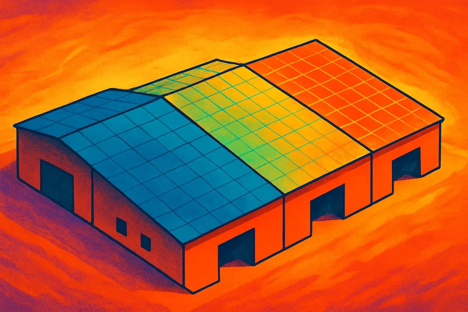 Thermal infrared rendering of three adjacent warehouse roofs at noon, showing temperature contrast tied to solar reflectance values.