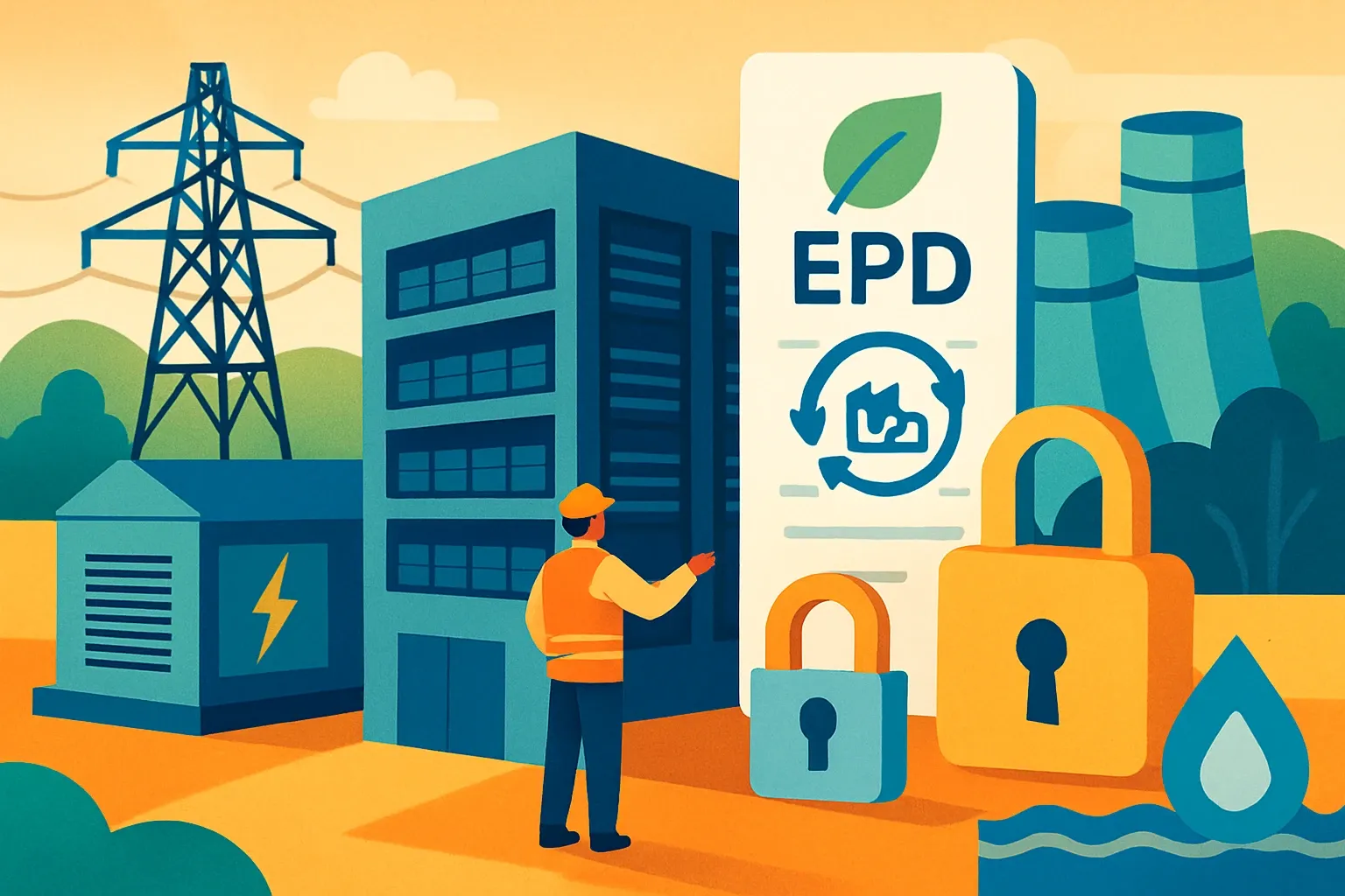 Generate an illustration for an article following this concept:

Data‑Center Ready: The Business Case for EPDs
Permitting boards and procurement teams are raising the bar on materials for hyperscale builds. Water and power anxieties have turned EPDs from a nice‑to‑have into a gate you must clear. If a bid lands without current, product‑specific declarations and credible LCAs, the conversation often ends before it starts.

Ensure that you use no text, as this illustration will be used on international translations of the article..

Use an illustrative style (e.g. isometic) and don't generate in a photorealistic style.