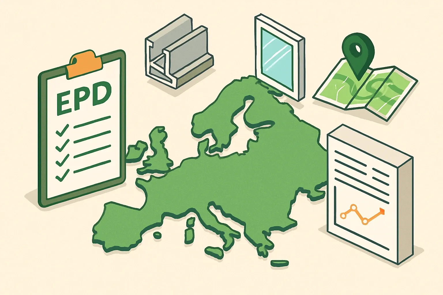 Generate an illustration for an article following this concept:

EPDs for Window and Door Framing in Europe
This 2026 field guide maps the fenestration framing EPD landscape in Europe so manufacturers can plan with confidence. We unpack where the 231 currently valid EPDs sit, which PCRs dominate, who publishes them, and when large renewal waves hit. If you make aluminum systems, PVC window profiles, curtain wall framing or glazing frames, this is your one‑stop briefing.

Ensure that you use no text, as this illustration will be used on international translations of the article..

Use an illustrative style (e.g. isometic) and don't generate in a photorealistic style.