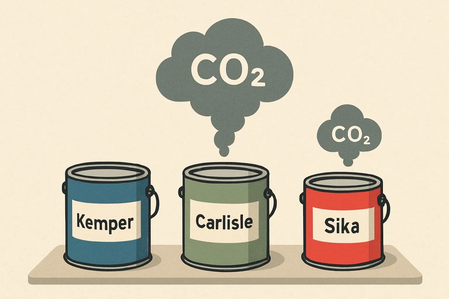 A simple scale showing three paint cans labeled Kemper, Carlisle, and Sika, with CO₂ clouds of different sizes rising from each to visualize comparative footprints.