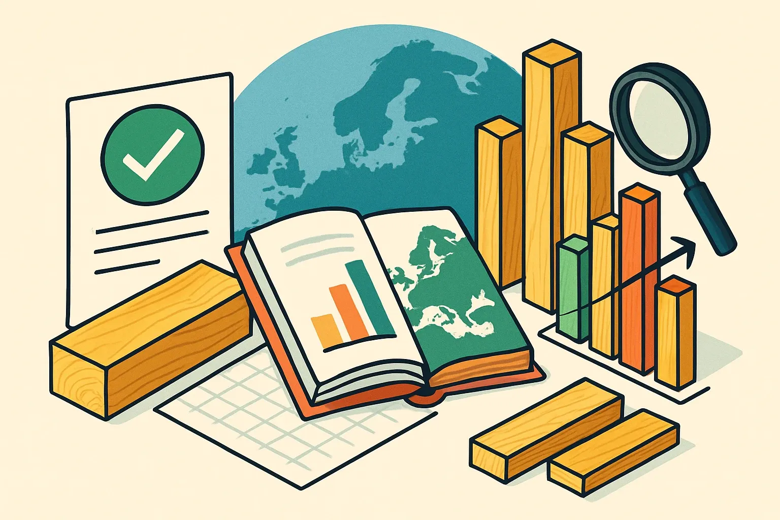 Generate an illustration for an article following this concept:

EPDs for Dimension Lumber in Europe: The Data Guide
Thinking about an EPD for structural timber in Europe in 2026? Here’s the full picture for “dimension lumber” (also called sawn softwood, studs, or carcassing) based on the most recent public registry data, so you can benchmark quickly and set a clean path to publication.

Ensure that you use no text, as this illustration will be used on international translations of the article..

Use an illustrative style (e.g. isometic) and don't generate in a photorealistic style.