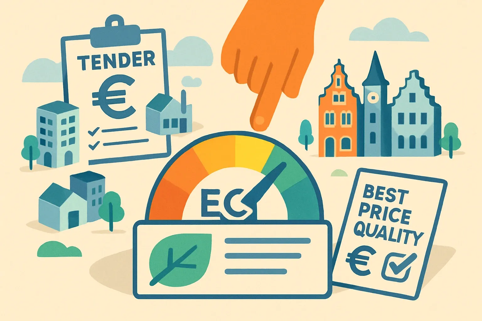 Generate an illustration for an article following this concept:

ECI/MKI: how Dutch tenders pick lower impact
Selling into the Netherlands often hinges on one number. The Environmental Cost Indicator, or MKI, turns a product’s life‑cycle impacts into euros and uses that as a quality criterion in Best Price quality ratio awards. If your MKI is unclear or based on generic data, you give rivals a head start. Here is how the system works and how manufacturers can land on the right side of the score.

Ensure that you use no text, as this illustration will be used on international translations of the article..

Use an illustrative style (e.g. isometic) and don't generate in a photorealistic style.