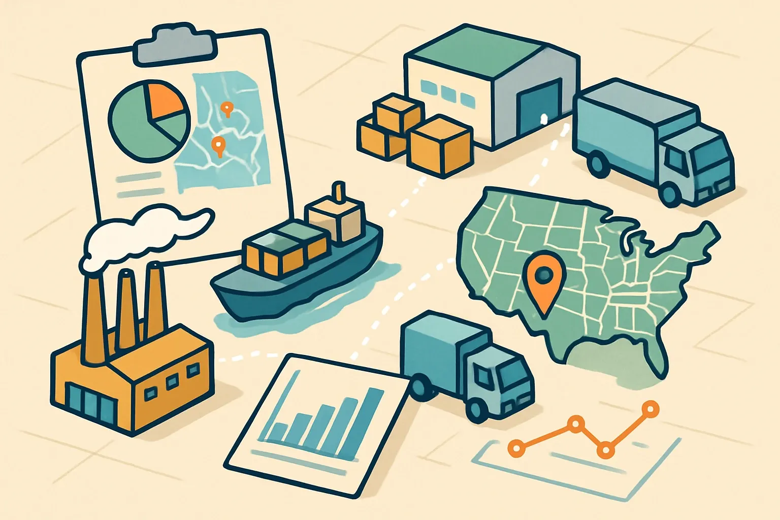 Generate an illustration for an article following this concept:

Distribution data that’s good enough for EPDs
Distribution modeling trips up even seasoned teams. The good news is you don’t need to model every order. A lean, defensbile approach that combines mode-and-distance for the factory to port to regional DC legs plus outbound patterns to customer zip codes will usually satisfy PCRs, speed verification, and sharpen the A4 and C2 results that specifiers scrutinize.

Ensure that you use no text, as this illustration will be used on international translations of the article..

Use an illustrative style (e.g. isometic) and don't generate in a photorealistic style.