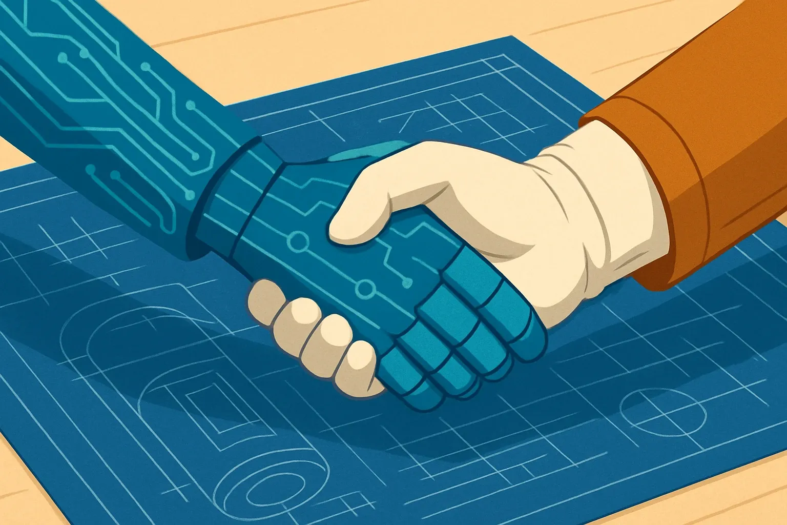 Half of the image shows circuitry, the other half a gloved engineer’s hand, meeting in the middle over a detailed blueprint of a product.