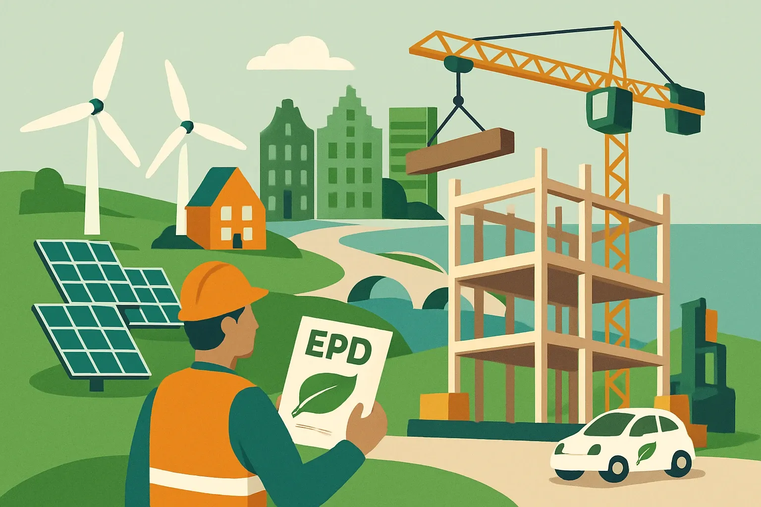 Generate an illustration for an article following this concept:

Green Deal 209: sustainable civil engineering 2.0 in NL
Dutch infra procurement now treats carbon like cost. If your products feed clean, verified data into the MKI score used in tenders, you compete on performance instead of price alone. Here is how Green Deal 209 set the stage and what manufacturers must do to turn EPDs into Dutch bid wins.

Ensure that you use no text, as this illustration will be used on international translations of the article..

Use an illustrative style (e.g. isometic) and don't generate in a photorealistic style.