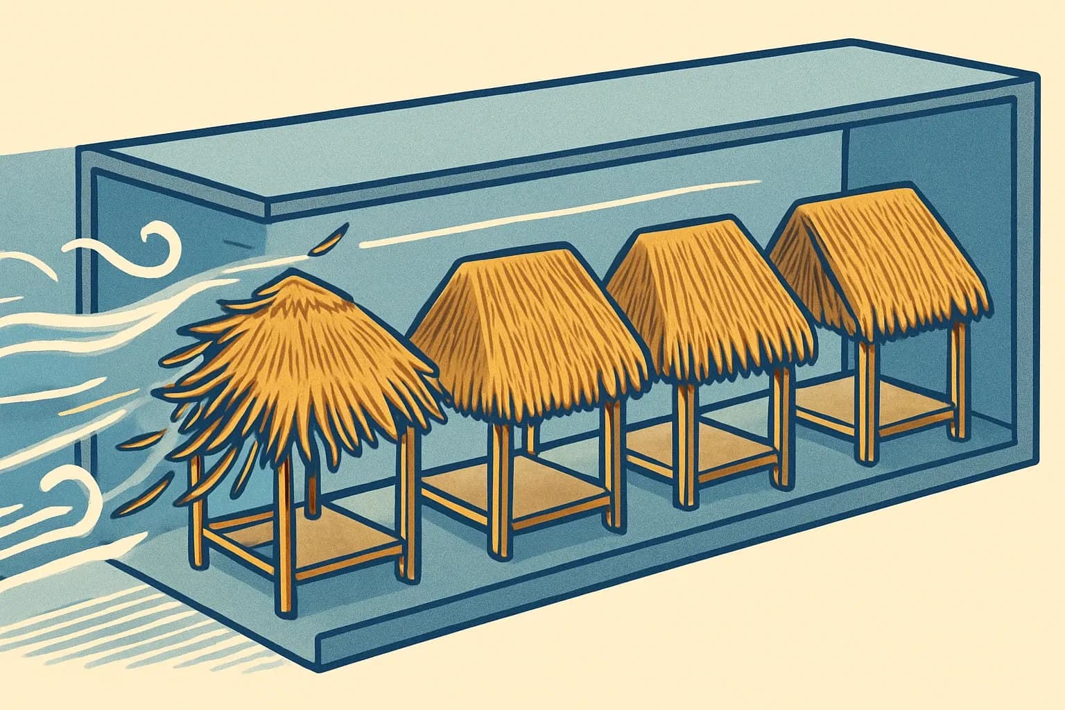 Four miniature resort roofs in a clear wind tunnel: palm leaves peeling at 60 mph beside Palmex, Endureed, ViroThatch, and Forever Thatch panels that stay put at 160 mph+.