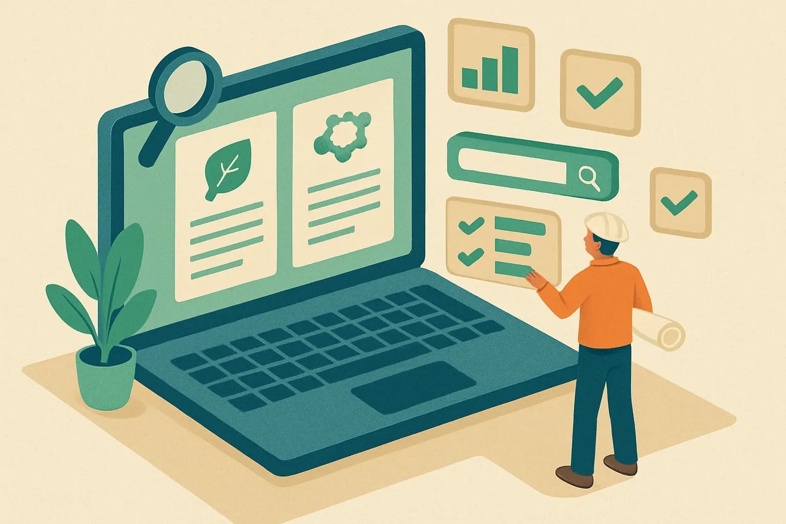 Generate an illustration for an article following this concept:

Make Environmental Docs Work In Digital Discovery
Manufacturers win more specs when an EPD or HPD is not just posted but usable during an architect’s first digital pass. That moment decides who advances to shortlists and who never gets a call. Make your documentation searchable, understandable, comparable, and immediately usable so spec writers can self-serve fast. Do this well and sales cycles shorten, rep time goes where it matters, and price stops being the only lever.

Ensure that you use no text, as this illustration will be used on international translations of the article..

Use an illustrative style (e.g. isometic) and don't generate in a photorealistic style.