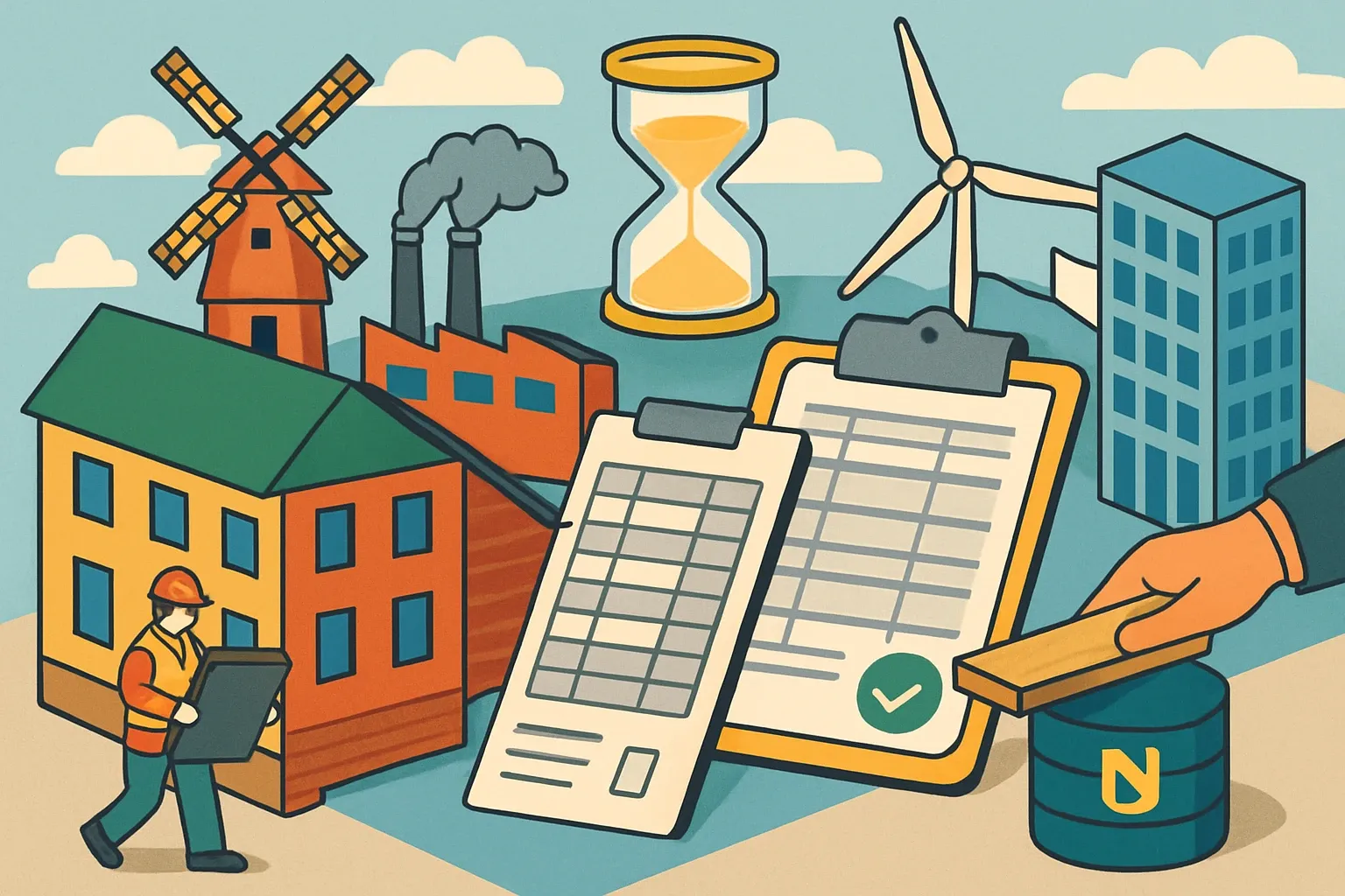 Generate an illustration for an article following this concept:

Embodied carbon in the Netherlands, manufacturer playbook
Permitting in the Netherlands already checks a building’s material footprint via MPG. From July 1, 2026, thresholds and the official weighting set change, offices tighten, and more building types get mandatory limits. If your products feed better data into the NMD now, you glide through specs while rivals wrestle spreadsheets later.

Ensure that you use no text, as this illustration will be used on international translations of the article..

Use an illustrative style (e.g. isometic) and don't generate in a photorealistic style.