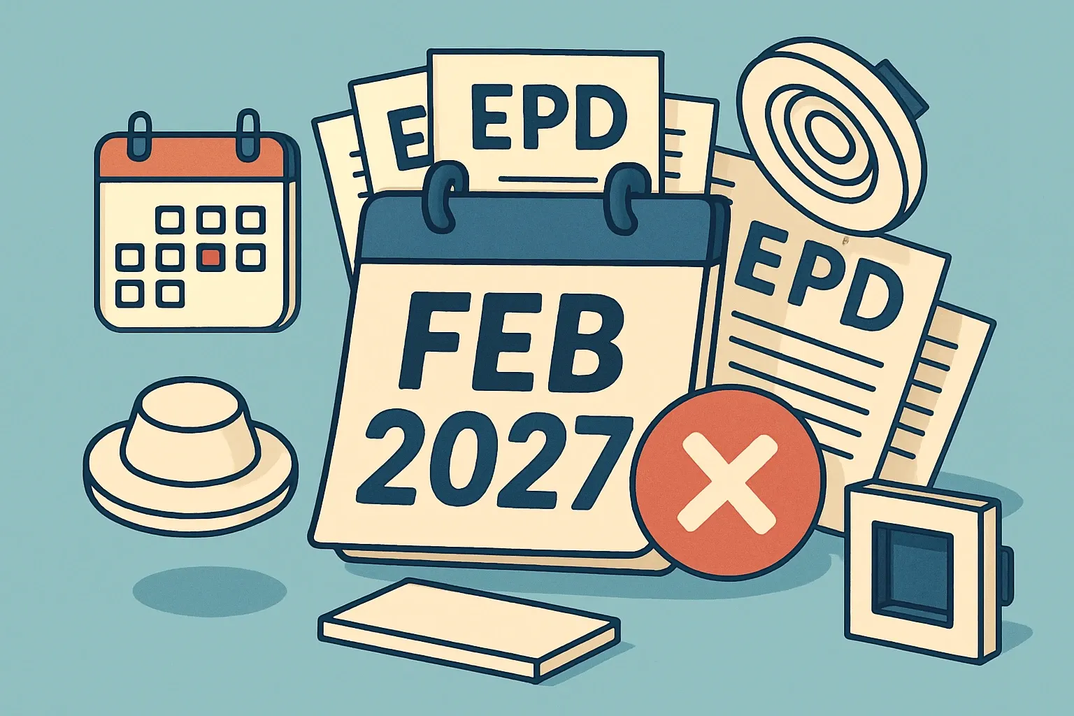 Generate an illustration for an article following this concept:

Elektro Elco EPDs face a February 2027 expiry cluster
Nine Elektro Elco lighting EPDs are set to expire in February 2027, about eight months from today’s date of June 20, 2026. If renewals do not post in time, spec‑hungry projects can pivot to brands with current declarations and keep moving. Below we list the expiring EPDs, note whether replacements are visible, and flag comparable products from well‑known competitors that already carry valid EPDs. You can also monitor Elektro Elco’s own listings on the Hide‑a‑lite site.

Ensure that you use no text, as this illustration will be used on international translations of the article..

Use an illustrative style (e.g. isometic) and don't generate in a photorealistic style.