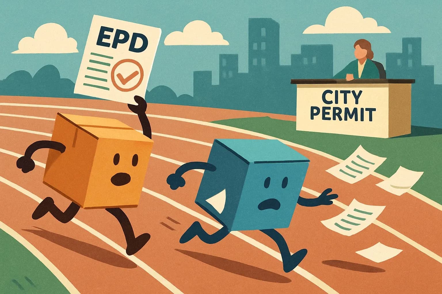 Two product boxes competing in a relay race toward a city permit desk, one holding a stamped EPD document and sprinting ahead while the other fumbles loose papers.