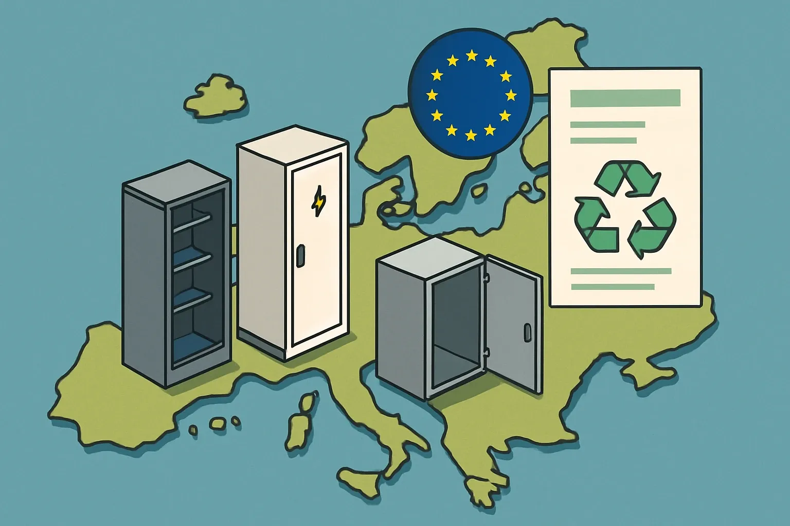 Generate an illustration for an article following this concept:

EPDs for Cabinets, Racks and Enclosures in Europe
If you make electrical enclosures, control cabinets, server racks, or switchgear housings and you want the full 2026 picture, this guide is for you. We mapped the most active manufacturers, the program operators they use, the PCRs that dominate, and the renewal clifflines you should plan around.

Ensure that you use no text, as this illustration will be used on international translations of the article..

Use an illustrative style (e.g. isometic) and don't generate in a photorealistic style.