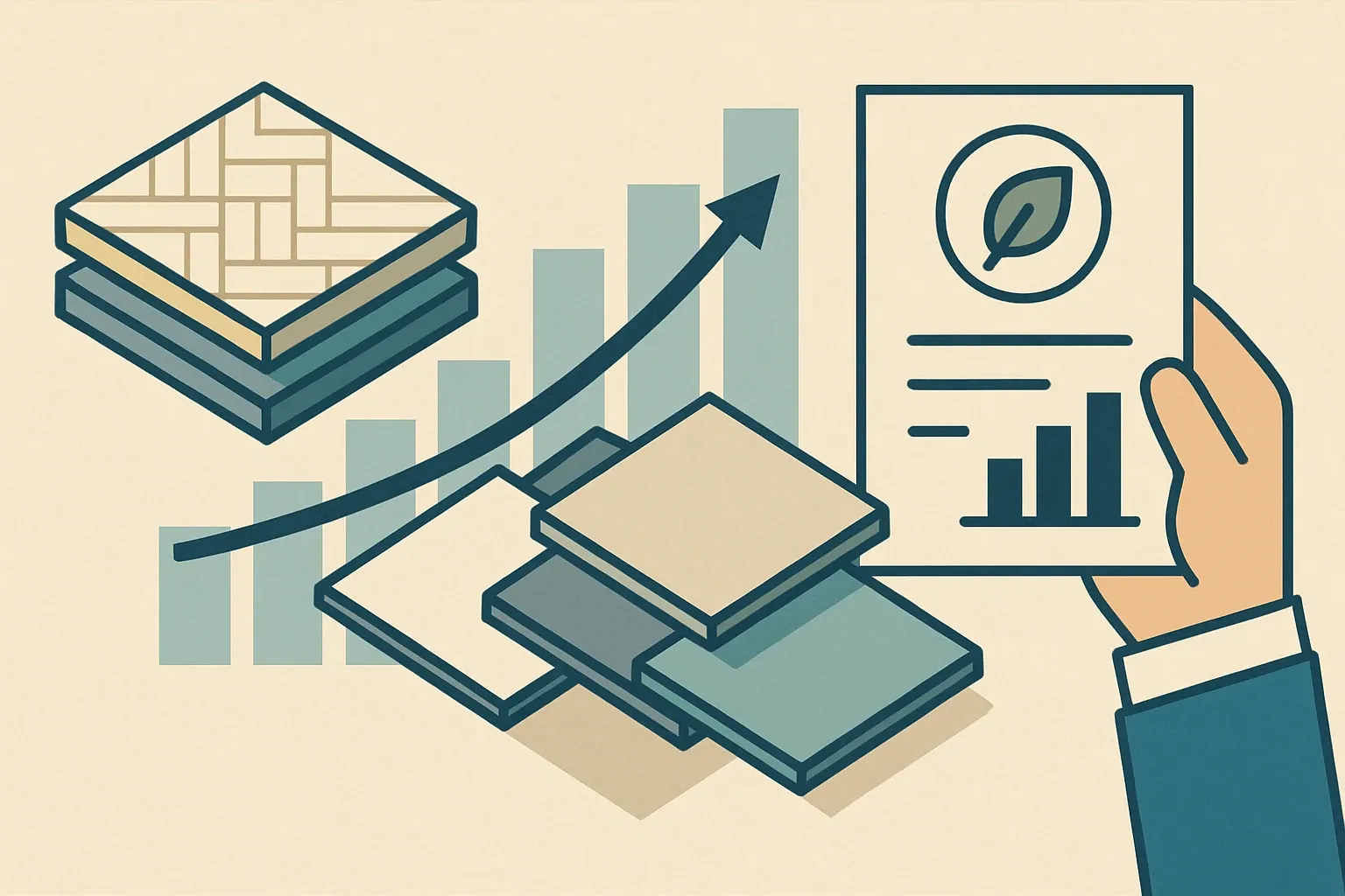 Generate an illustration for an article following this concept:

Azulev: tiles, ranges, and EPD coverage
Azulev makes stylish ceramic surfaces, but how well are those lines backed by EPDs that win specs on low‑carbon projects? Here is a fast snapshot of what they sell, where the coverage is strong, and how that stacks up against frequent rivals in tile-heavy bids.

Ensure that you use no text, as this illustration will be used on international translations of the article..

Use an illustrative style (e.g. isometic) and don't generate in a photorealistic style.