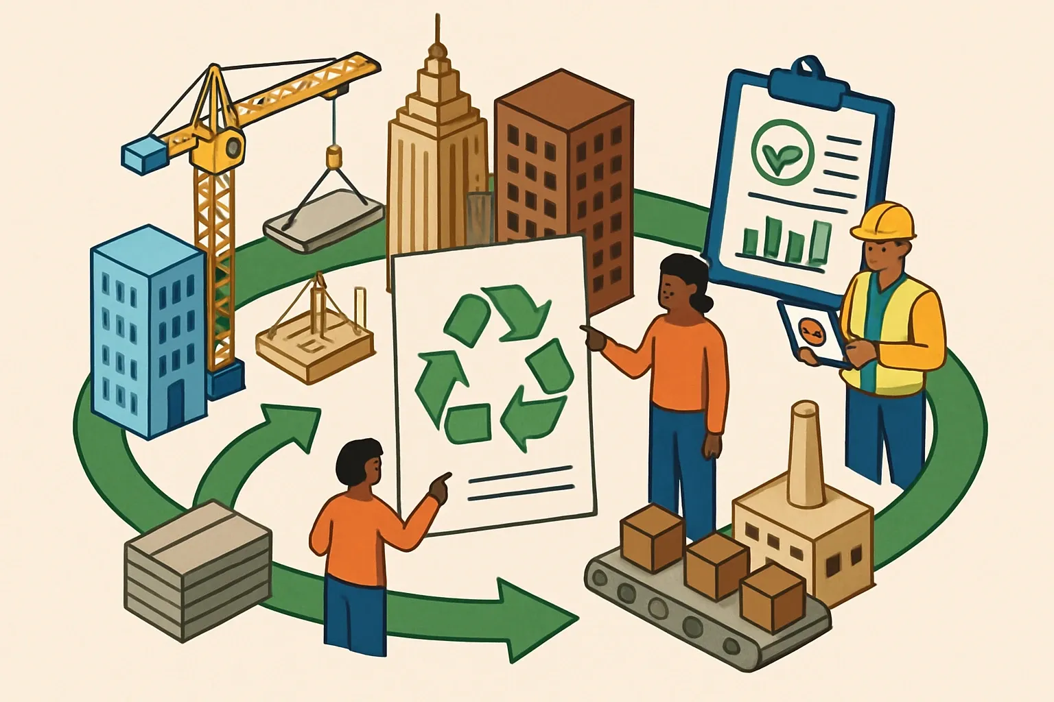 Generate an illustration for an article following this concept:

NYC Circular Design and Construction Guidelines, Explained for Manufacturers
New York City is turning circular construction from a buzzword into bid language. If your products show up on public projects or large private builds in NYC, expect new submittals, tighter tracking, and a louder ask for EPD-backed materials. The upside is real: teams that document low‑carbon, reusable, and recycled pathways get specified more often. Here is the fast brief you can share with product, sales, and ops today.

Ensure that you use no text, as this illustration will be used on international translations of the article..

Use an illustrative style (e.g. isometic) and don't generate in a photorealistic style.