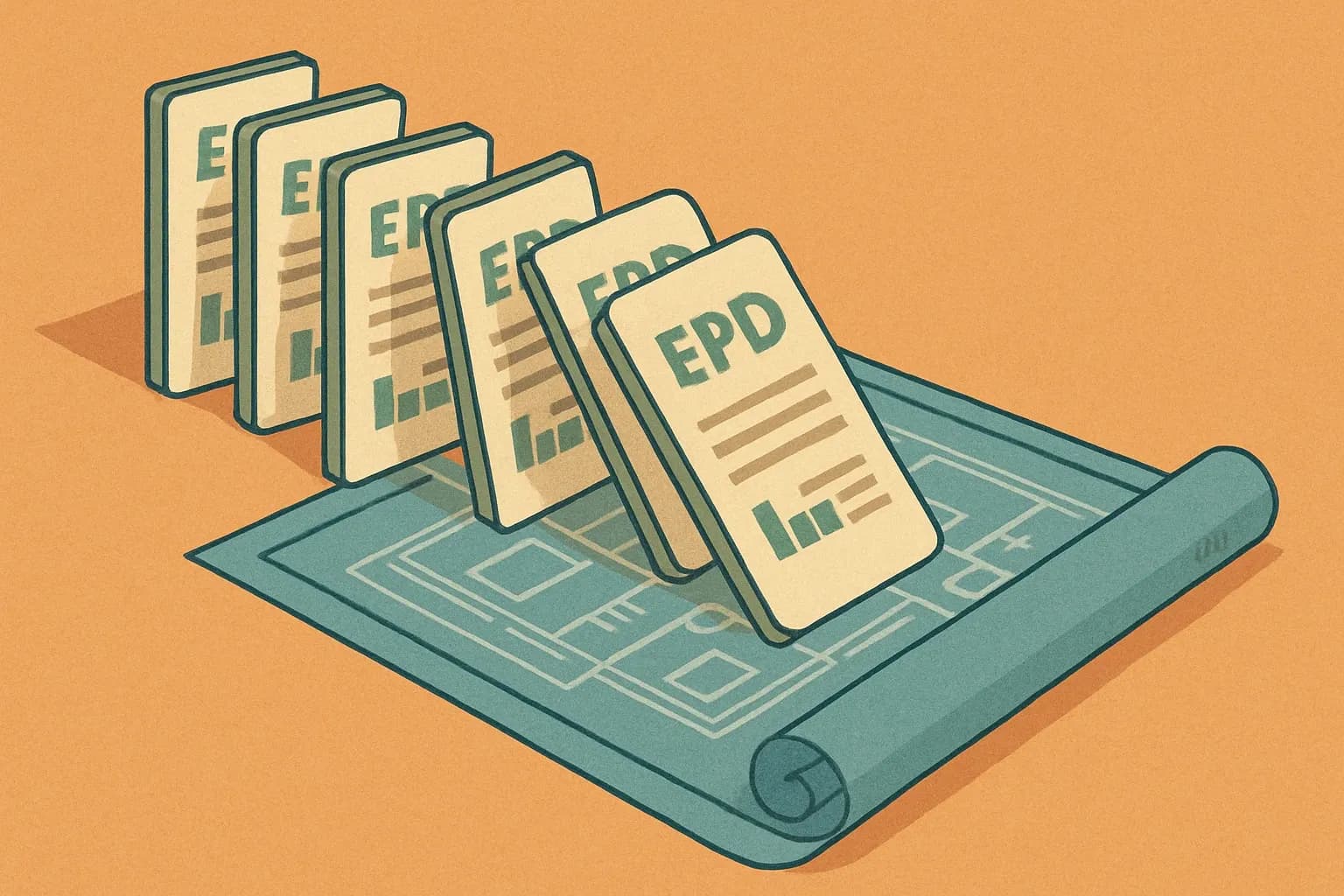 A line of EPD documents falls like dominos onto project blueprints, showing how scaling declarations directly tips construction specs in favor of transparent suppliers.