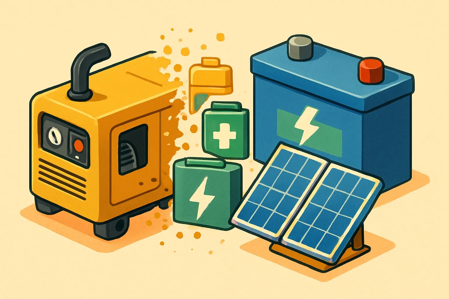 Half of a classic yellow diesel generator dissolves into icons of a battery pack and solar panels, symbolizing the evolution toward hybrid microgrids.