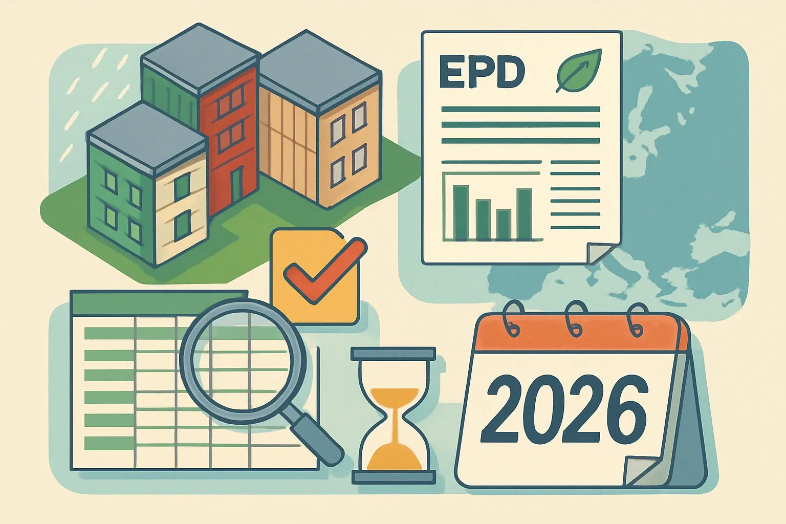 Generate an illustration for an article following this concept:

EPDs for Cladding in Europe: The data guide
Planning an EPD for cladding, façade panels, rainscreen, or siding in Europe this year? Here is the 2026 snapshot teams ask for. We parsed the public registry most specifiers use and mapped who publishes, which PCRs carry the load, and where expiries will pinch. Some late‑2025 entries may still be en route to that registry, so treat the final months of 2025 as provisional.

Ensure that you use no text, as this illustration will be used on international translations of the article..

Use an illustrative style (e.g. isometic) and don't generate in a photorealistic style.
