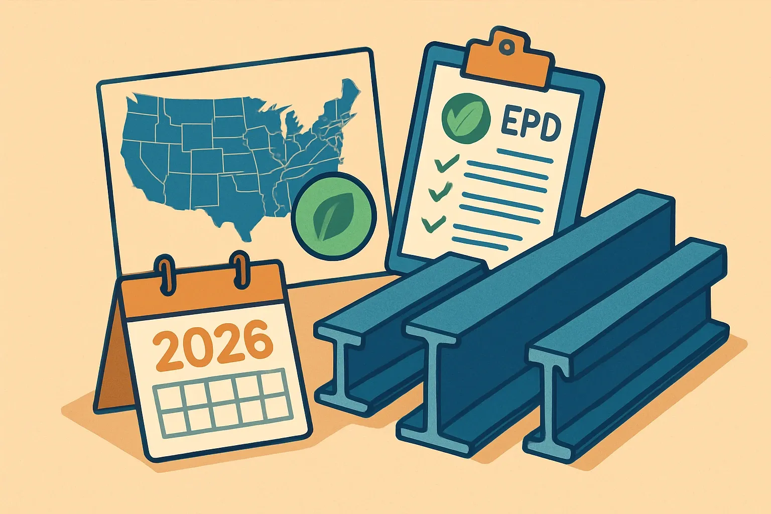 Generate an illustration for an article following this concept:

EPDs for Hot Rolled Steel Sections in the United States
The 2026 market for hot rolled structural sections is active and competitive, with fresh declarations arriving and a meaningful wave of renewals due late in the year. If you make wide flange beams, W shapes, H shapes, channels, or similar structural sections, this guide shows who publishes, which rulebooks they use, and when key expiries hit so you can plan your next move in 2026.

Ensure that you use no text, as this illustration will be used on international translations of the article..

Use an illustrative style (e.g. isometic) and don't generate in a photorealistic style.