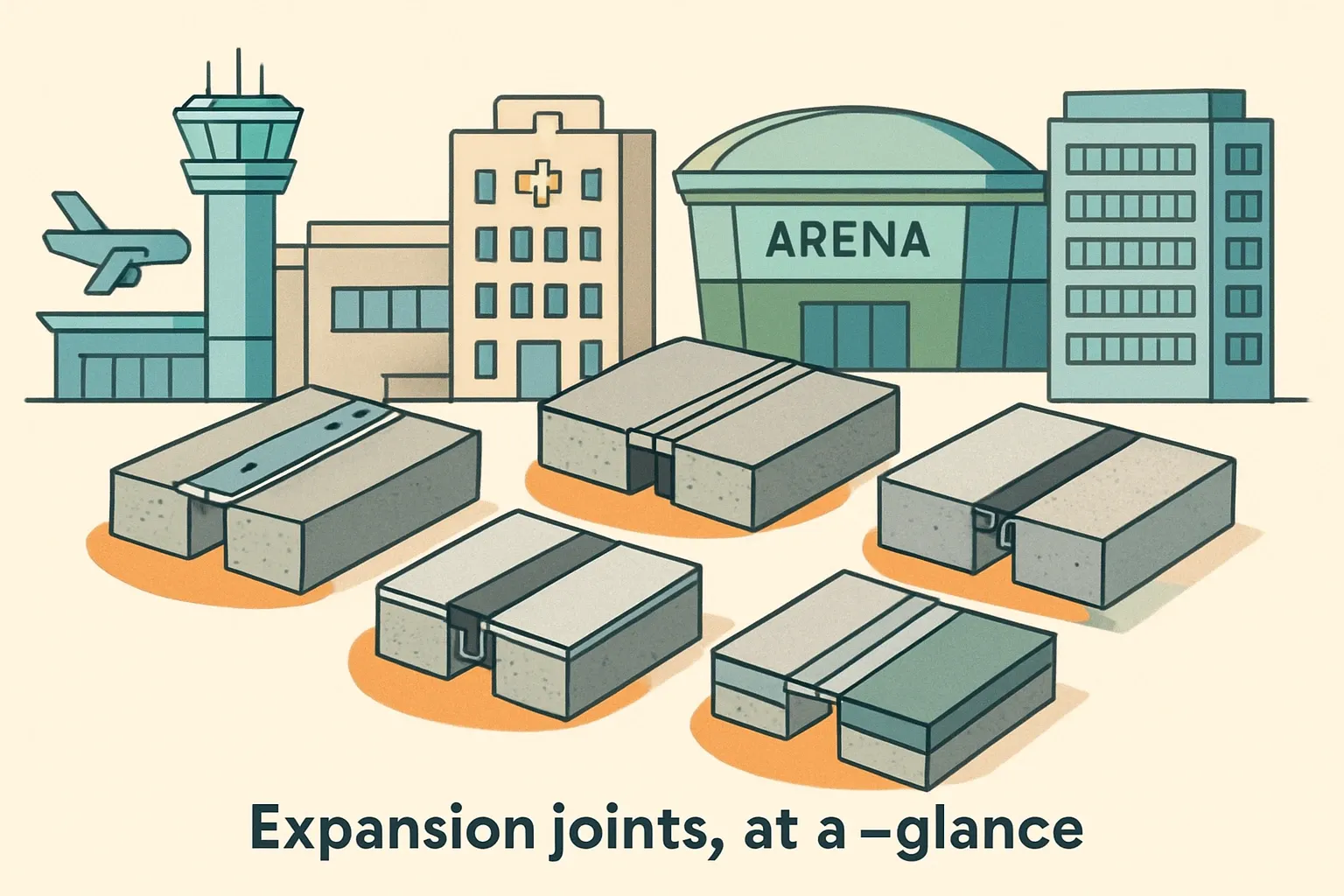 Generate an illustration for an article following this concept:

JointMaster’s expansion joints, at a glance
Specifiers love clean details that move when buildings do. JointMaster, the expansion joint systems brand associated with Inpro, is a familiar name in airports, hospitals, arenas and big‑footprint commercial work. Here is how their product range stacks up, and where Environmental Product Declarations (EPDs) are a ready lever for more specs won.

Ensure that you use no text, as this illustration will be used on international translations of the article..

Use an illustrative style (e.g. isometic) and don't generate in a photorealistic style.