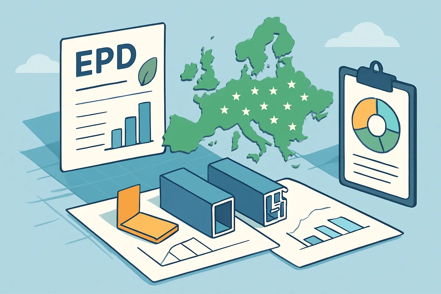 Generate an illustration for an article following this concept:

EPDs for Profiles and Extrusions in Europe: Data Guide
Planning an Environmental Product Declaration for profiles, extrusions, or window and door profiles in Europe in 2026? Here is the definitive, numbers-first view of who is publishing, which program operators and PCRs are winning, and where expiries will land. Use it to pick the right rulebook and timing so your team secures specs without surprises.

Ensure that you use no text, as this illustration will be used on international translations of the article..

Use an illustrative style (e.g. isometic) and don't generate in a photorealistic style.