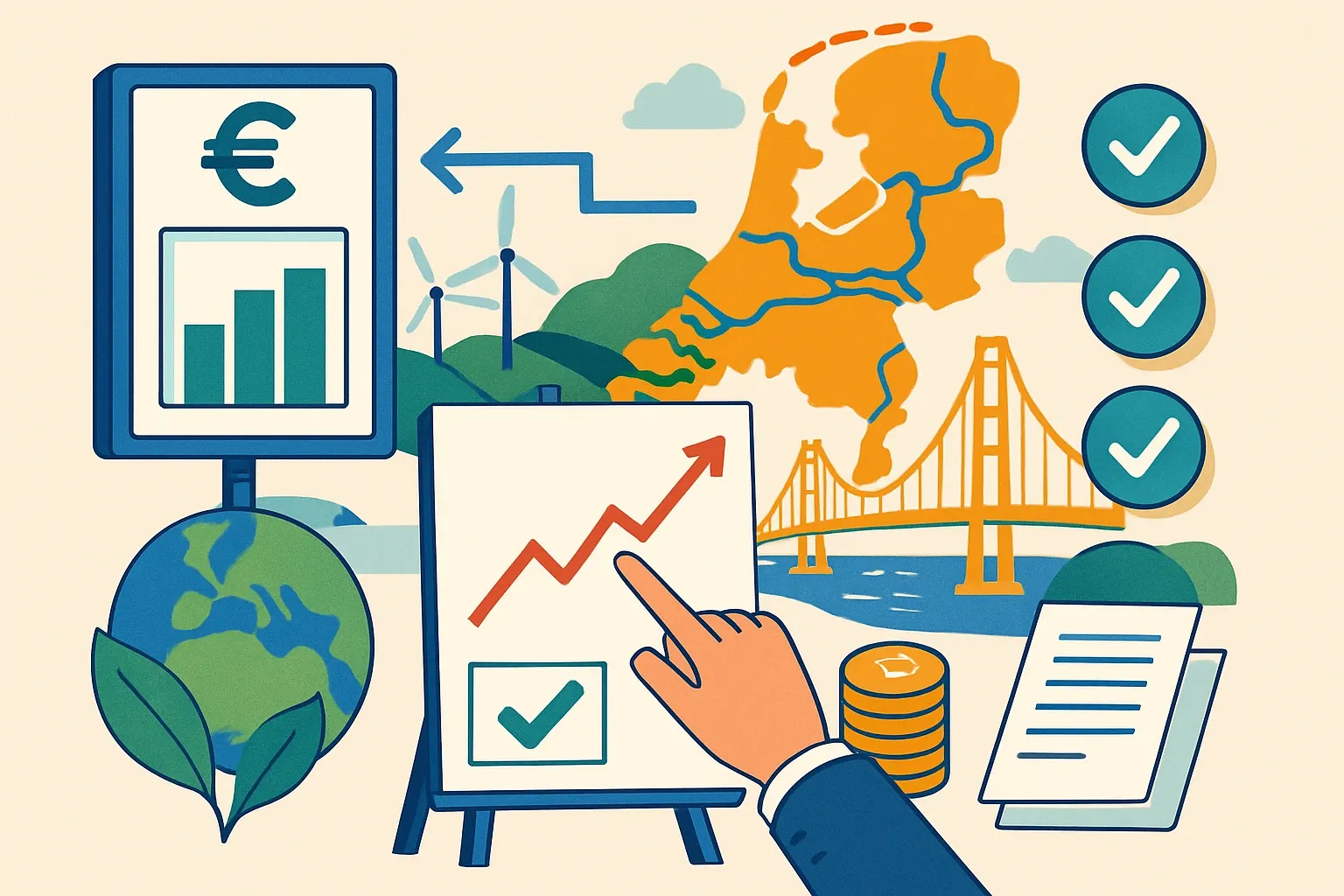 Generate an illustration for an article following this concept:

DuboCalc and MKI in the Netherlands
If infrastructure tenders in the Netherlands are on your radar, DuboCalc is the scoreboard. It turns life‑cycle impacts into one euro figure, the MKI, that can tilt a bid. The brands with sharp, product‑specific EPDs land stronger numbers and get shortlisted more often. Here’s the fast brief manufacturers actually need.

Ensure that you use no text, as this illustration will be used on international translations of the article..

Use an illustrative style (e.g. isometic) and don't generate in a photorealistic style.