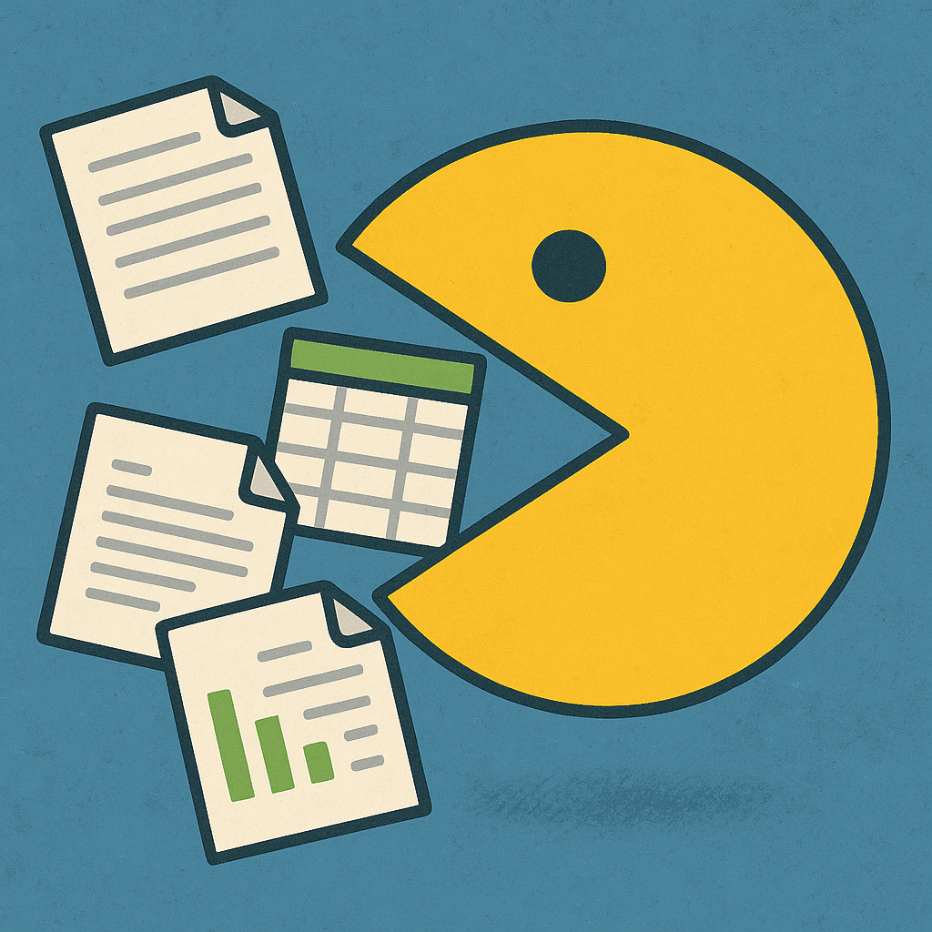 Pac-Man gobbling up data, spreadsheets and reports