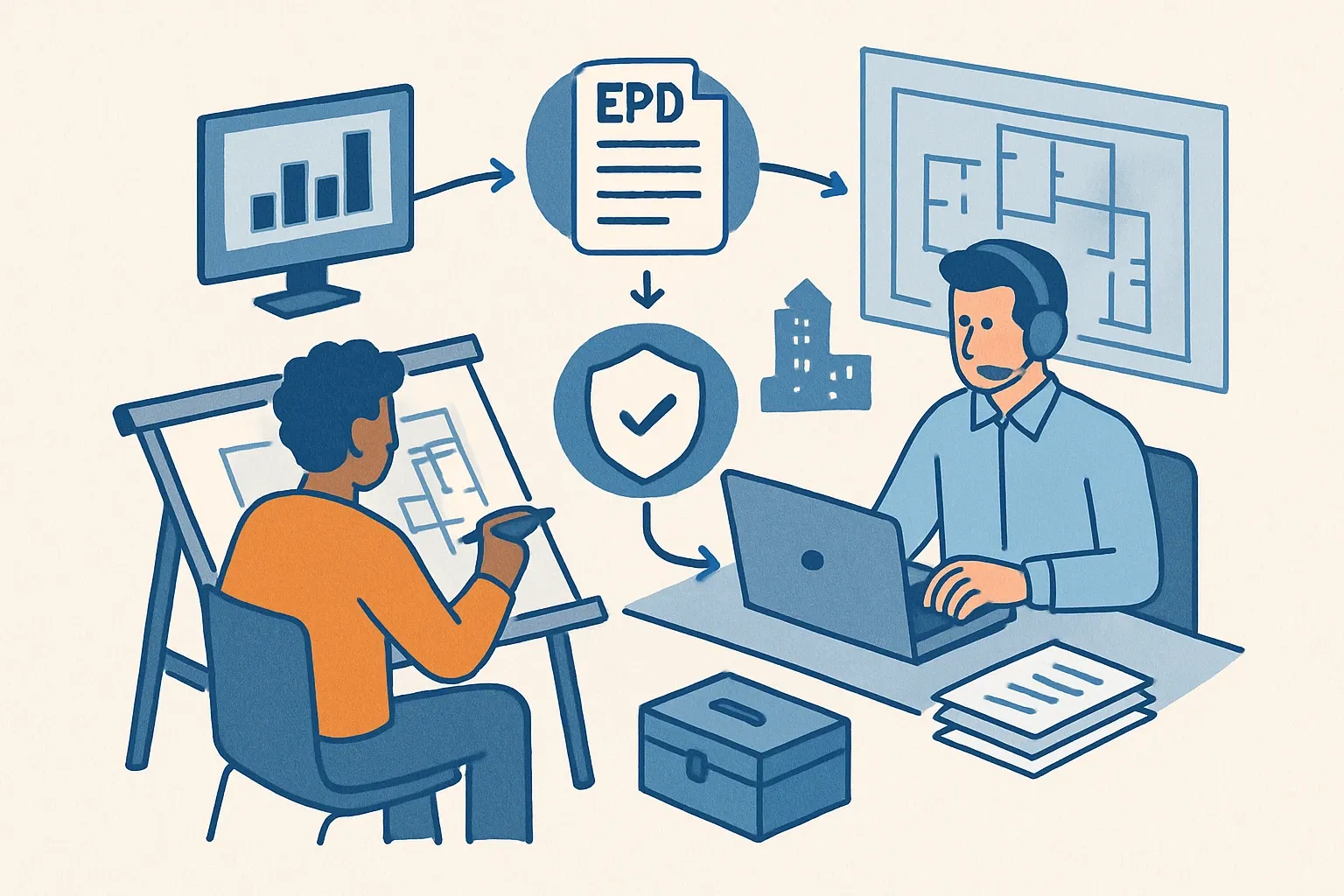 Generate an illustration for an article following this concept:

Design a Technical Answer Workflow Architects Trust
Specs move at meeting speed. If a rep cannot deliver a credible, documented answer while the architect is still in the drawing set, the product quietly exits the shortlist. A tight technical‑answer workflow protects margin and wins more specs by turning EPD, HPD, code, and performance questions into fast, dependable responses. The payoff is commercial: fewer substitutions, less price‑only competition, and a higher hit rate on projects that score materials under LEED v5. This is an operating system for answers, not a pep talk about being faster.

Ensure that you use no text, as this illustration will be used on international translations of the article..

Use an illustrative style (e.g. isometic) and don't generate in a photorealistic style.