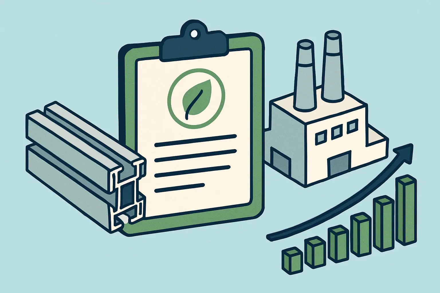 Generate an illustration for an article following this concept:

EPDs for Aluminum Extrusions in the United States
If you make aluminum extrusions or aluminum profiles for building products, this 2026 guide puts the whole EPD landscape in one place. See who is publishing, which program operators and PCRs are actually used in the U.S., and where renewals will bite this year so you can plan before it hurts.

Ensure that you use no text, as this illustration will be used on international translations of the article..

Use an illustrative style (e.g. isometic) and don't generate in a photorealistic style.