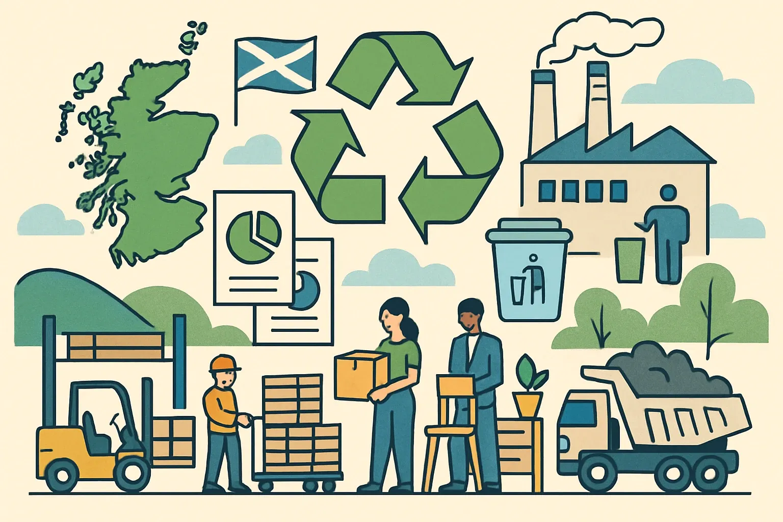 Generate an illustration for an article following this concept:

Scotland’s Circular Economy Strategy Decoded
Scotland has locked in a national circular economy strategy that sharpens the spotlight on materials, reuse, and waste reduction. For building‑product manufacturers, this is a commercial cue. EPDs and HPDs make it easier for buyers to compare embodied impacts, satisfy public‑sector procurement expectations, and avoid carbon accounting penalties that keep products off shortlists. Move early, and you do not just comply. You win time, credibility, and a steadier bid pipeline.

Ensure that you use no text, as this illustration will be used on international translations of the article..

Use an illustrative style (e.g. isometic) and don't generate in a photorealistic style.