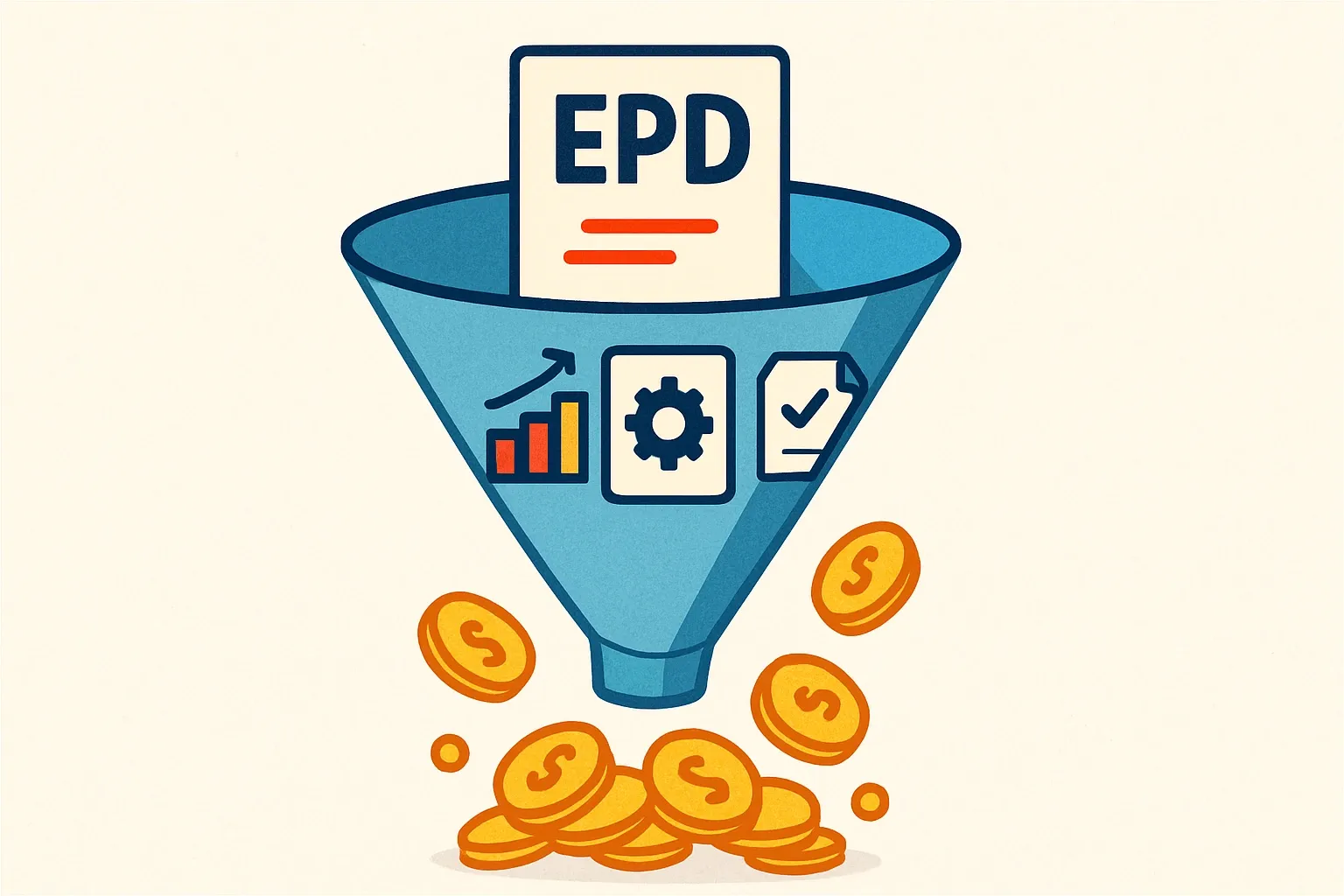 A funnel showing EPD at the top turning into increased specs, bids, and closed projects represented by coins at the bottom.