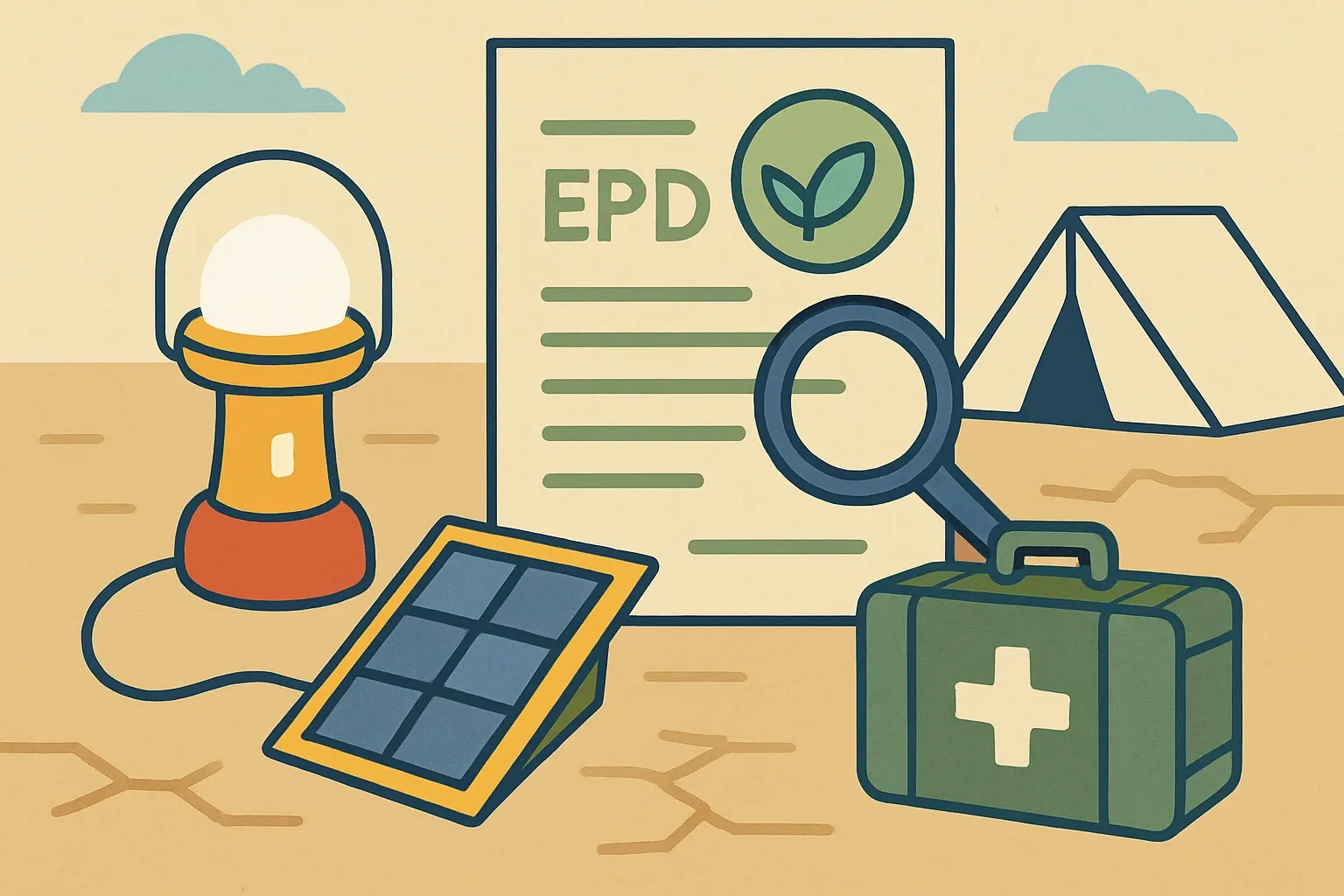 Generate an illustration for an article following this concept:

Congrats, BRIGHT Products on first EPDs
Fresh transparency from a brand built for tough conditions. In April 2025, BRIGHT Products entered the EPD arena with two product‑specific declarations for its off‑grid solar lamps. That puts verified numbers behind gear that shows up in humanitarian kits and emergency response, where purchasing teams increasingly want third‑party proof before they buy. Here is what BRIGHT published, where it sits in the rules, and how this debut changes the competitive math.

Ensure that you use no text, as this illustration will be used on international translations of the article..

Use an illustrative style (e.g. isometic) and don't generate in a photorealistic style.