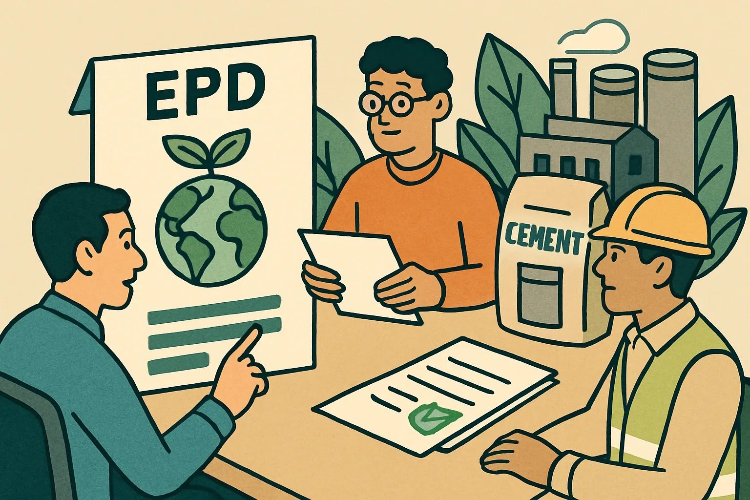 Generate an illustration for an article following this concept:

Romcim’s first EPDs, and what it changes
Fresh to the transparency arena, Romcim has published its first Environmental Product Declarations. For specifiers and contractors, that means less risk in carbon‑accounted bids and fewer unknowns at the submittals table. Here is what was released, who verified it, and how this stacks up next to Romania’s cement heavyweights.

Ensure that you use no text, as this illustration will be used on international translations of the article..

Use an illustrative style (e.g. isometic) and don't generate in a photorealistic style.