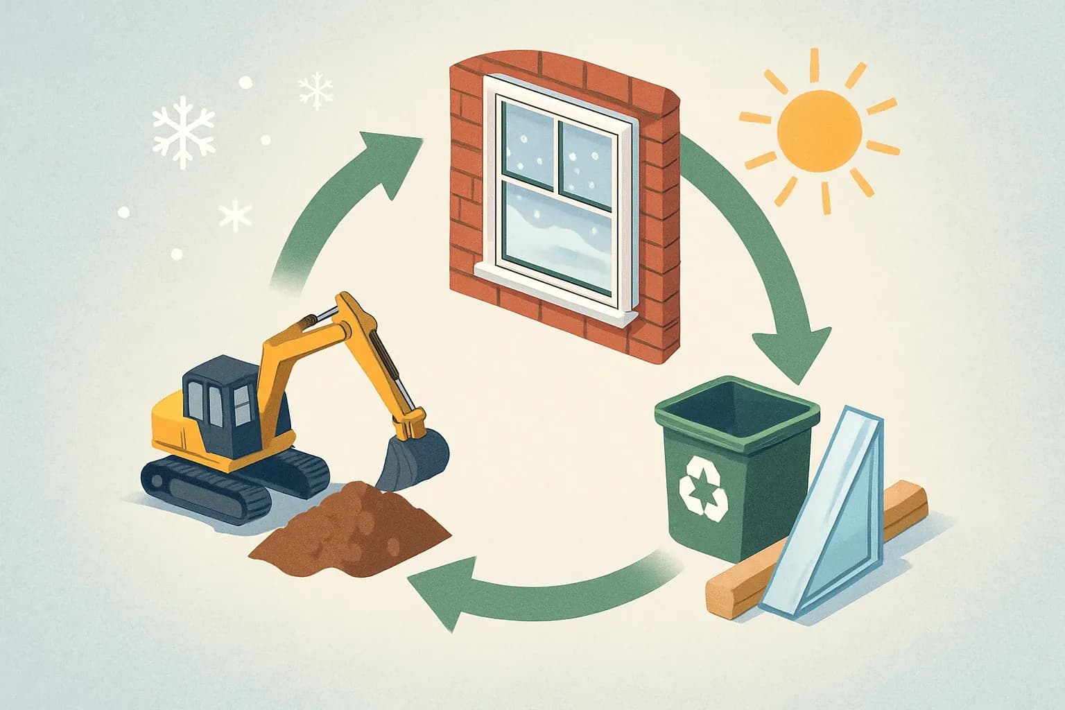 Circular timeline from raw material extraction through use phase to recycling, overlaid with snowfall and summer sun icons to represent the climatic stresses.