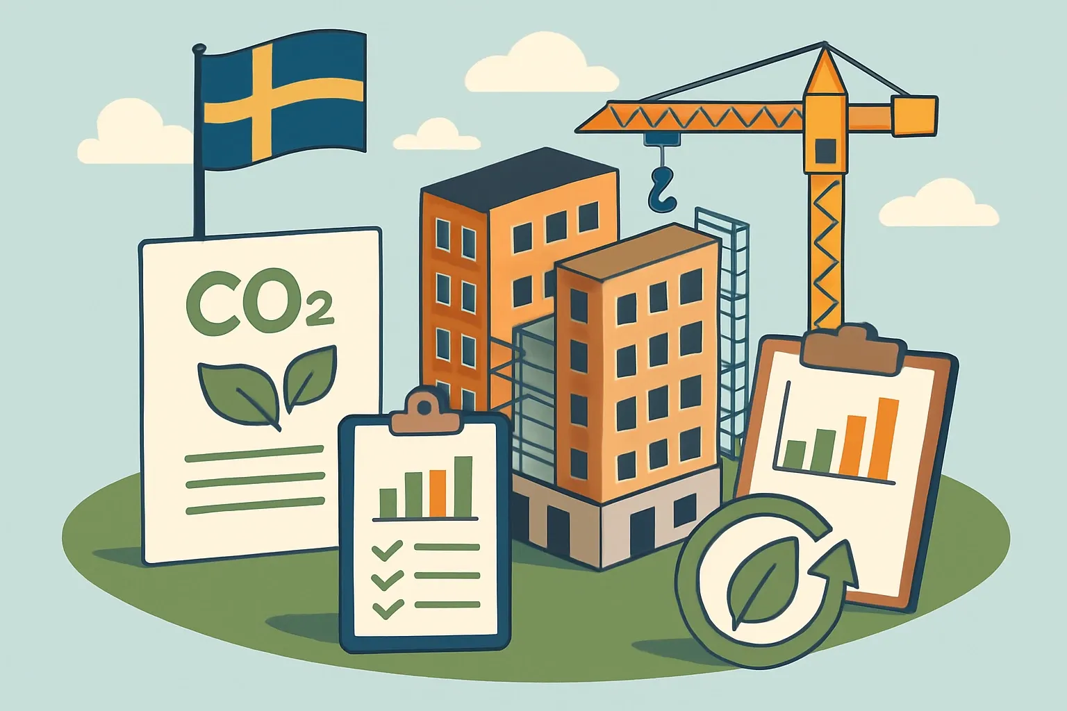 Generate an illustration for an article following this concept:

Sweden’s Embodied Carbon Rules, Explained
Selling into Sweden or supplying a project there? Climate declarations for new buildings are already part of the building permit journey. Limit values are proposed, infrastructure buyers are tightening expectations, and generic database factors penalize products without product‑specific EPDs. Here’s the short, practical briefing so commercial and technical teams dont get caught flat‑footed.

Ensure that you use no text, as this illustration will be used on international translations of the article..

Use an illustrative style (e.g. isometic) and don't generate in a photorealistic style.