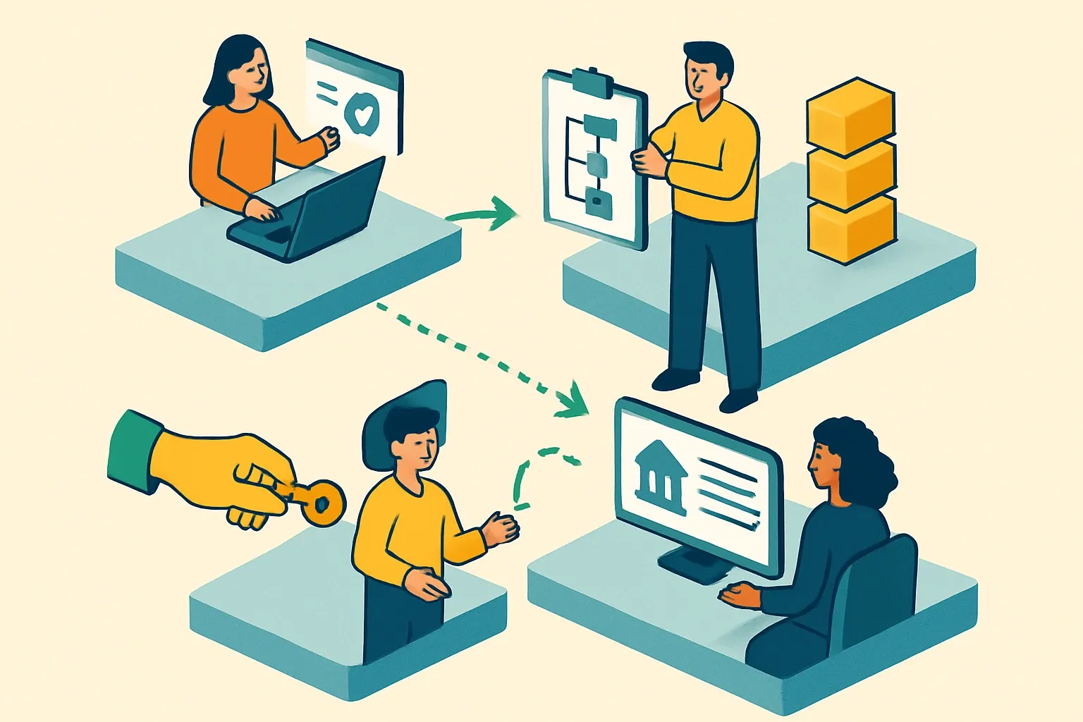 Generate an illustration for an article following this concept:

Design EPD workflows that win clients and time
EPD projects fail quietly. Not on carbon math, but on handoffs, unclear ownership, and a client journey that feels DIY. Nail the workflow and you cut lead time, lower internal cost, and make the experience feel white glove without burning out your SMEs. Here is a practical pattern any manufacturer can adapt fast.

Ensure that you use no text, as this illustration will be used on international translations of the article..

Use an illustrative style (e.g. isometic) and don't generate in a photorealistic style.