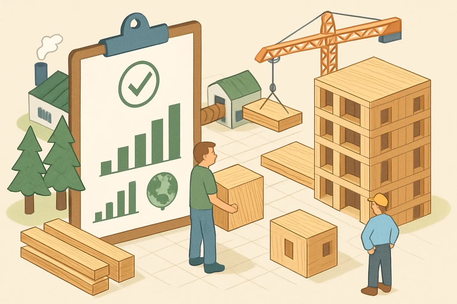 Generate an illustration for an article following this concept:

Vaagen: mass timber maker with EPD momentum
Vaagen’s family of businesses spans sawmilling and mass timber. The headline for spec-driven work is simple: their core structural products in mass timber are increasingly covered by product‑specific EPDs, which removes friction in carbon‑counted bids and helps win preference without discounting. The open question is whether every panel they sell is covered yet.

Ensure that you use no text, as this illustration will be used on international translations of the article..

Use an illustrative style (e.g. isometic) and don't generate in a photorealistic style.