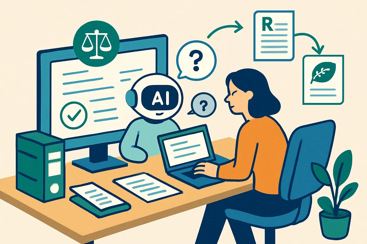 Generate an illustration for an article following this concept:

AI copilots for EPDs and compliance
Regulations are multiplying across regions and product lines. Sustainability and product teams spend late nights scanning law trackers, dissecting RFQs, and matching them to scattered bills of materials and old EPD spreadsheets. An AI copilot that sits on top of verified product data and live regulatory feeds turns that scramble into a calm, searchable workspace. Ask a question. Get a precise, auditable answer that points to the next action, not another inbox folder.

Ensure that you use no text, as this illustration will be used on international translations of the article..

Use an illustrative style (e.g. isometic) and don't generate in a photorealistic style.