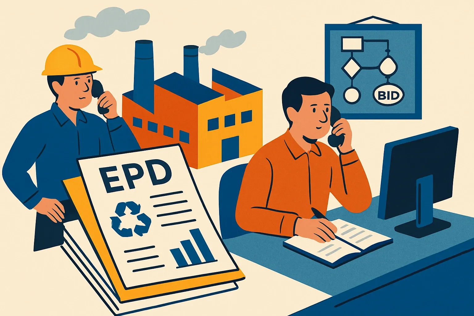 Generate an illustration for an article following this concept:

EPDs, explained for busy manufacturers
If sales keep hearing “send the EPD” and deals stall, you are not alone. Environmental Product Declarations look bureaucratic from afar, yet they quietly decide who gets shortlisted. The good news is that with the right playbook, an EPD is faster to land than most teams expect, and the payoff shows up in specs and bid confidence.

Ensure that you use no text, as this illustration will be used on international translations of the article..

Use an illustrative style (e.g. isometic) and don't generate in a photorealistic style.