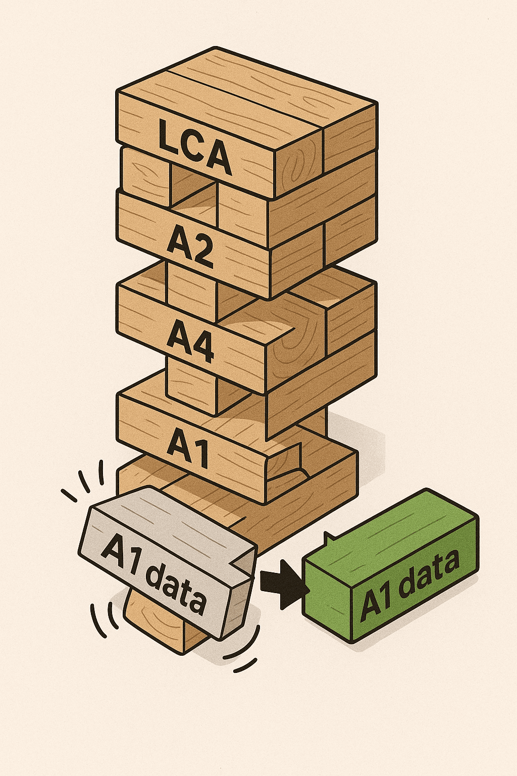 Jenga tower of upstream data being swapped out against proxies