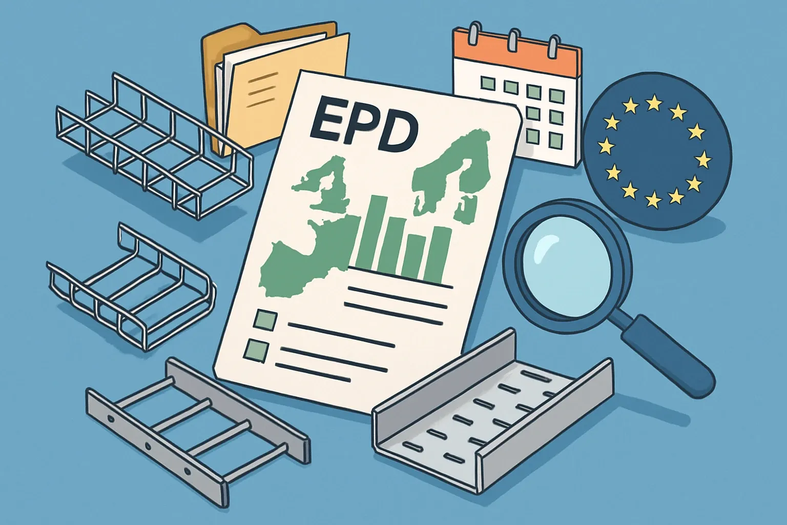 Generate an illustration for an article following this concept:

Cable Tray EPDs in Europe: the ultimate data guide
Planning an Environmental Product Declaration for cable trays in 2026? Here is the full picture for Europe, including wire mesh trays, ladder trays, and cable containment. We analyze who is publishing, which program operators and PCRs dominate, when renewals cluster, and where competitive gaps remain. Snapshot: 23 current EPDs from 7 manufacturers using 2 program operators and 3 PCRs, with the latest issue on May 21, 2024.

Ensure that you use no text, as this illustration will be used on international translations of the article..

Use an illustrative style (e.g. isometic) and don't generate in a photorealistic style.