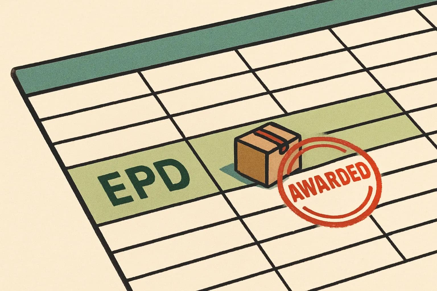 A spreadsheet line with an EPD titled; showimg the row filled in, highlighted green, with the product moving to 'awarded' stamped.