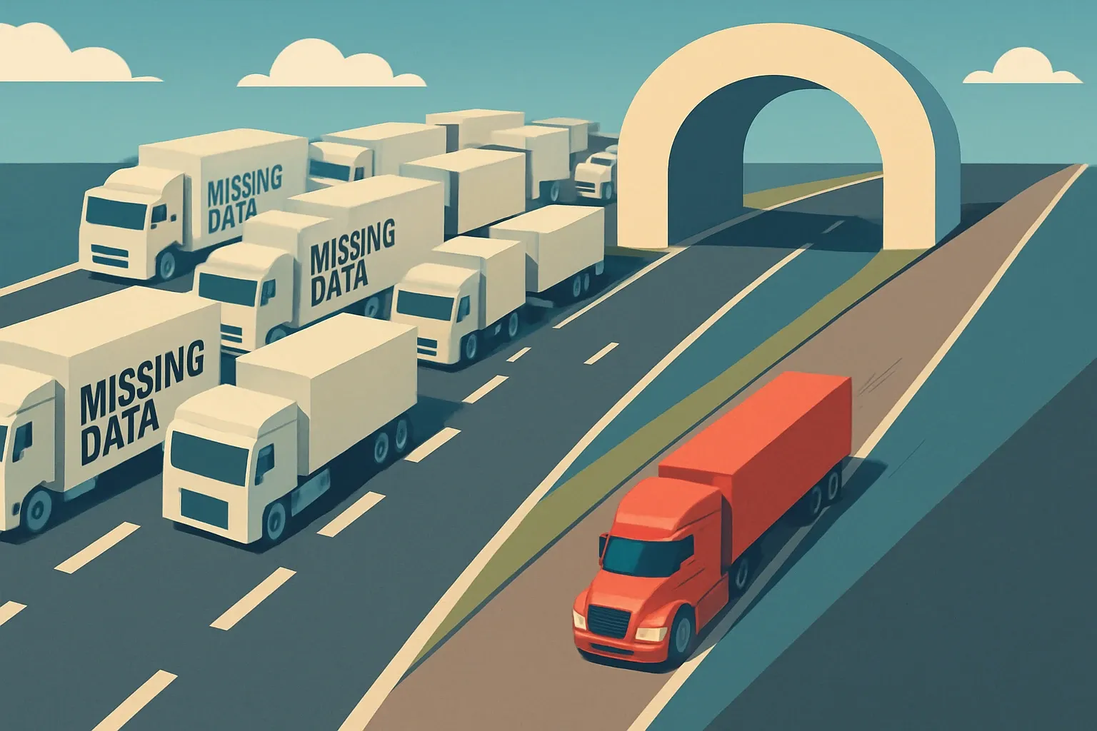 Two highways merging into a tender portal: one congested with trucks labeled "Missing Data" and one clear lane with a sleek truck labeled "EPD Ready" zooming through.