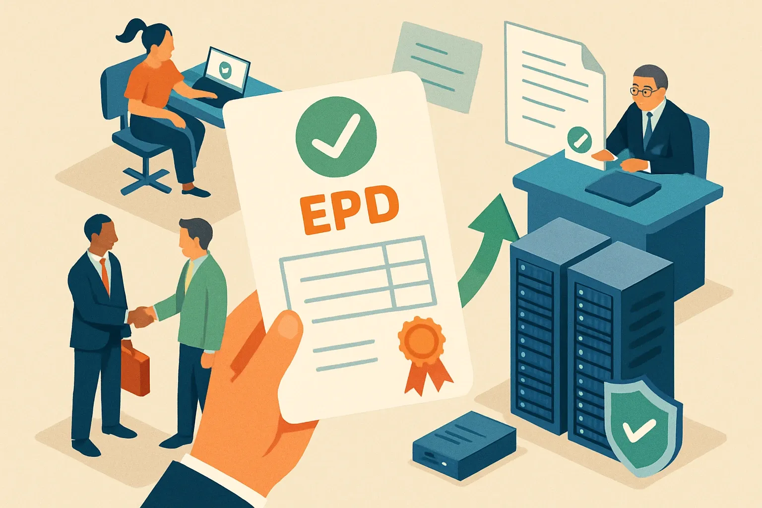 Generate an illustration for an article following this concept:

Certified to Sell for Data Center Specs
In hyperscale projects, an EPD is no longer a marketing PDF. It is the ticket to the table. Owners need it to hit embodied‑carbon budgets, lenders ask for it in diligence packs, and insurers see it as credible evidence of product risk controls. Treat it like a sales asset and it shortens the path from first engineering call to preferred spec. Ignore it and you compete on price alone, with a handicap.

Ensure that you use no text, as this illustration will be used on international translations of the article..

Use an illustrative style (e.g. isometic) and don't generate in a photorealistic style.