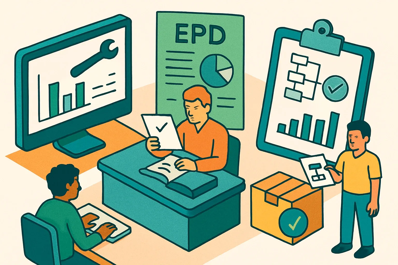 Generate an illustration for an article following this concept:

EPD Tools and Preverified Models, Explained
You dont need to become an LCA expert to ship credible EPDs. The real trick is knowing what an EPD tool actually does, how program operators review results, and when a preverified model speeds you up without cutting corners. Here’s the fast, plain‑language tour so product, ops, and marketing can move together and get specified with less drama.

Ensure that you use no text, as this illustration will be used on international translations of the article..

Use an illustrative style (e.g. isometic) and don't generate in a photorealistic style.