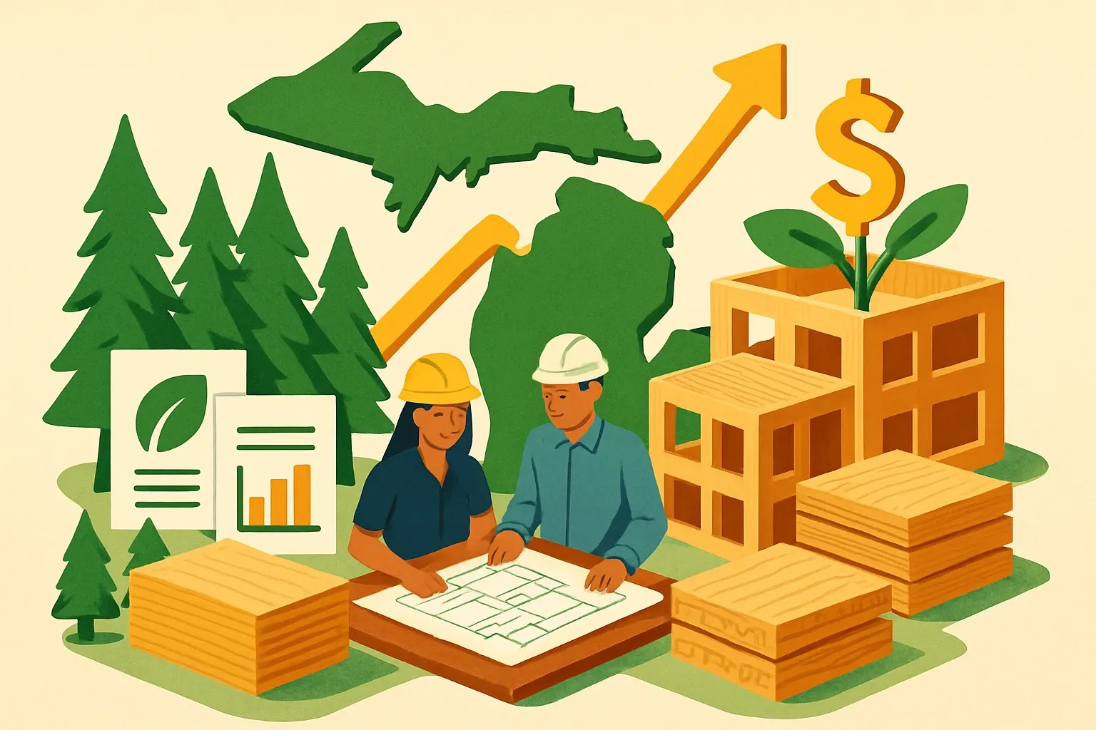 Generate an illustration for an article following this concept:

Michigan’s Mass Timber Catalyst Program, Explained For Manufacturers
Michigan is priming the pump for mass timber projects, and that spells near‑term opportunity for manufacturers of CLT, glulam, DLT, and related systems. Teams in the program receive funding and design support while doing carbon accounting, which makes product‑specific EPDs and HPDs a fast track to getting short‑listed. If your documentation is ready before schematic design locks, you tilt specs in your favor and avoid last‑minute price‑only fights.

Ensure that you use no text, as this illustration will be used on international translations of the article..

Use an illustrative style (e.g. isometic) and don't generate in a photorealistic style.