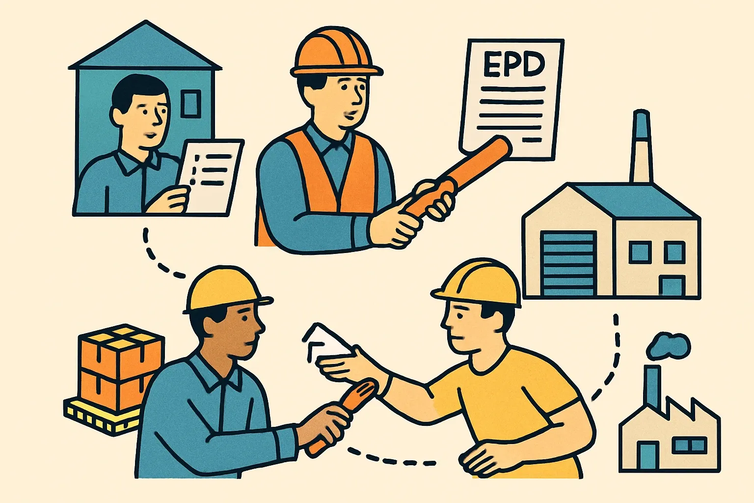 Generate an illustration for an article following this concept:

How EPDs Travel: Spec to GC to Submittals
Specs might name the brand or list three acceptable manufacturers. Then reality hits the jobsite. EPD requirements ride a relay from architect to GC to subs to distributors to the plant. Along the way, substitutions, lead times, and contract choices decide which product is actually installed. If sales and sustainability teams understand this chain, last‑minute EPD scrambles turn into planned wins, not fire drills.

Ensure that you use no text, as this illustration will be used on international translations of the article..

Use an illustrative style (e.g. isometic) and don't generate in a photorealistic style.