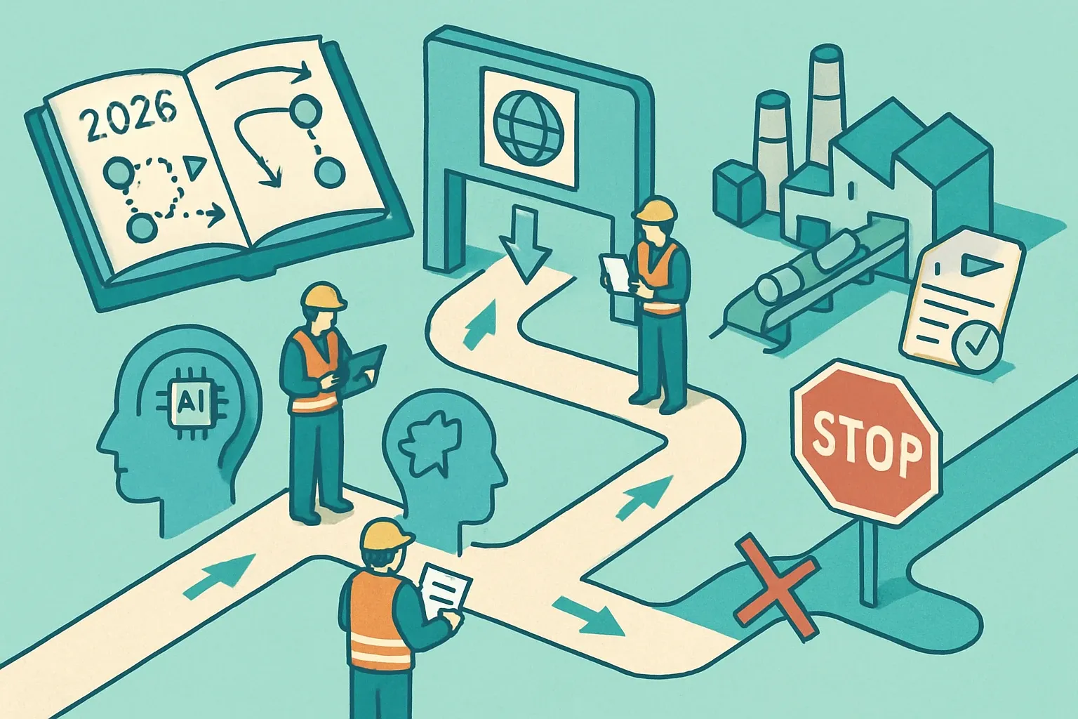 Generate an illustration for an article following this concept:

2026 Playbook to Beat Buy Clean GWP
State Buy Clean rules make embodied carbon a simple gate. Fall under the Global Warming Potential (GWP) limit and move on. Go over and the bid stalls or dies. In 2026, production choices are strategy choices. Teams that model their lines with AI, lock in low‑carbon recipes, and publish airtight, product‑specific EPDs keep access to public works and protect margin by avoiding last‑minute mix changes that risk failure.

Ensure that you use no text, as this illustration will be used on international translations of the article..

Use an illustrative style (e.g. isometic) and don't generate in a photorealistic style.