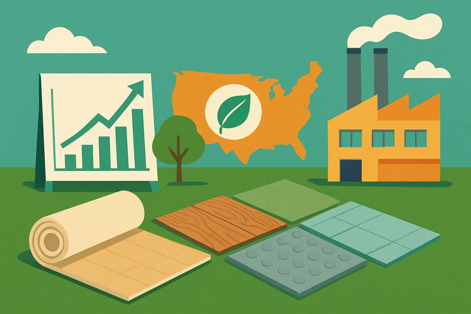 Generate an illustration for an article following this concept:

Resilient Flooring EPDs in the United States
What does the resilient flooring EPD landscape look like in 2026 for the U.S. market? This guide distills five years of activity into clear takeaways for LVT and LVP, sheet vinyl, linoleum, and rubber flooring manufacturers planning their next move.

Ensure that you use no text, as this illustration will be used on international translations of the article..

Use an illustrative style (e.g. isometic) and don't generate in a photorealistic style.