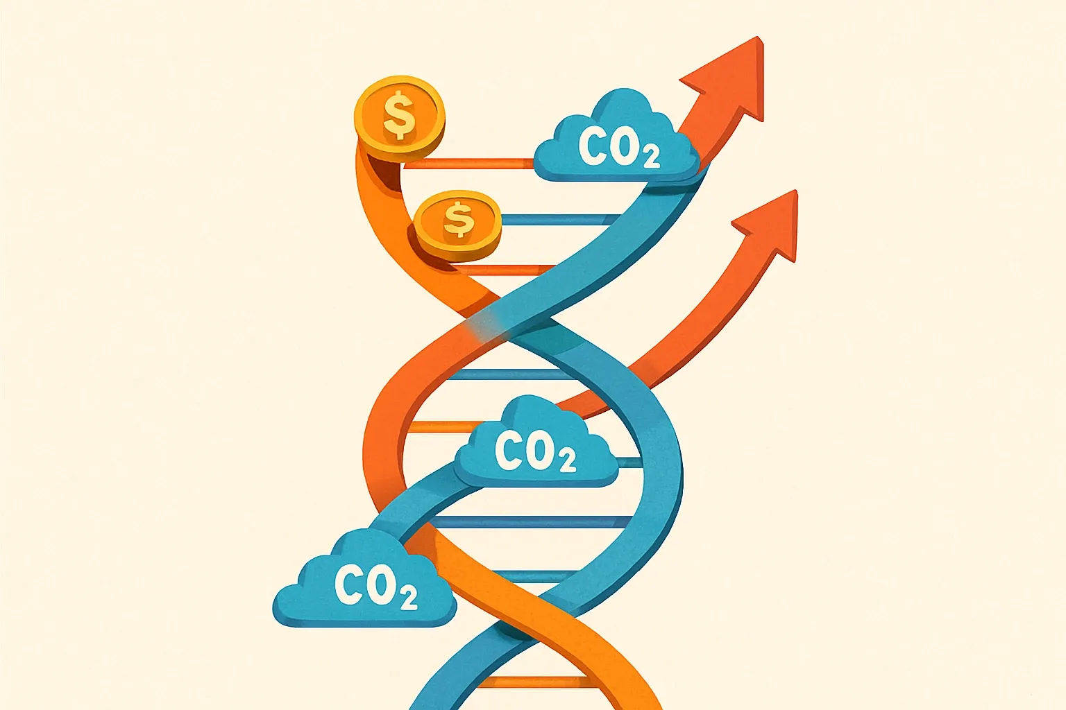 A DNA-style double helix where one strand visualizes life-cycle cost and the other cumulative CO₂, converging as efficiency improves.